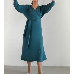 NORTE Women Finisterre Cupro Wrap Midi Dress S Teal Sustainable  V-neck